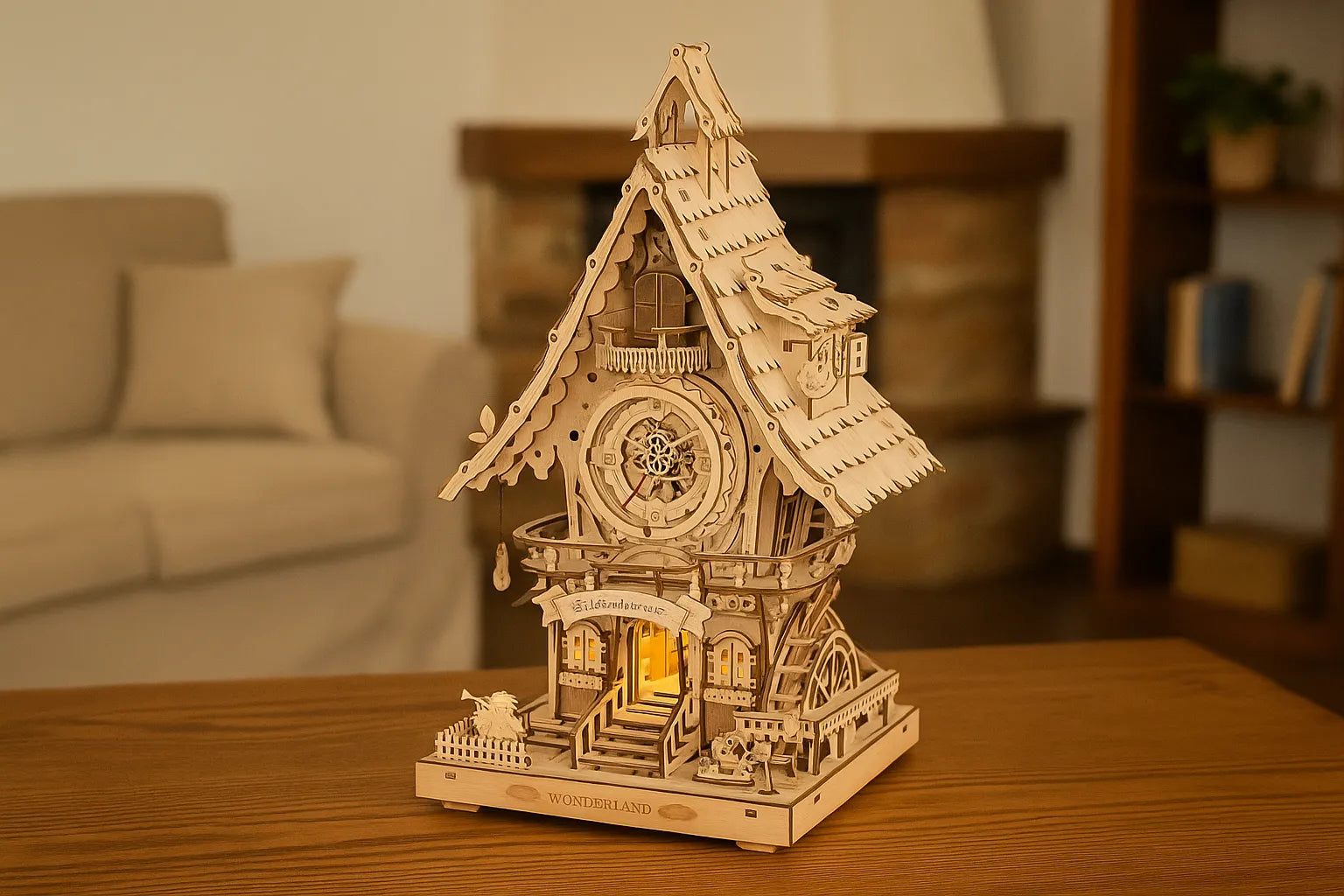 Maquette en bois d’une maison horloge posée sur une table en bois dans un salon avec un canapé et une cheminée en arrière-plan.