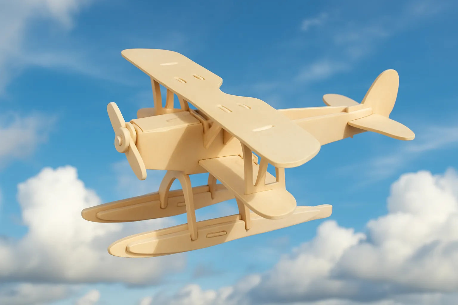 Maquette en bois d’un hydravion biplan clair, équipée de flotteurs, survolant un ciel lumineux aux nuages blancs.