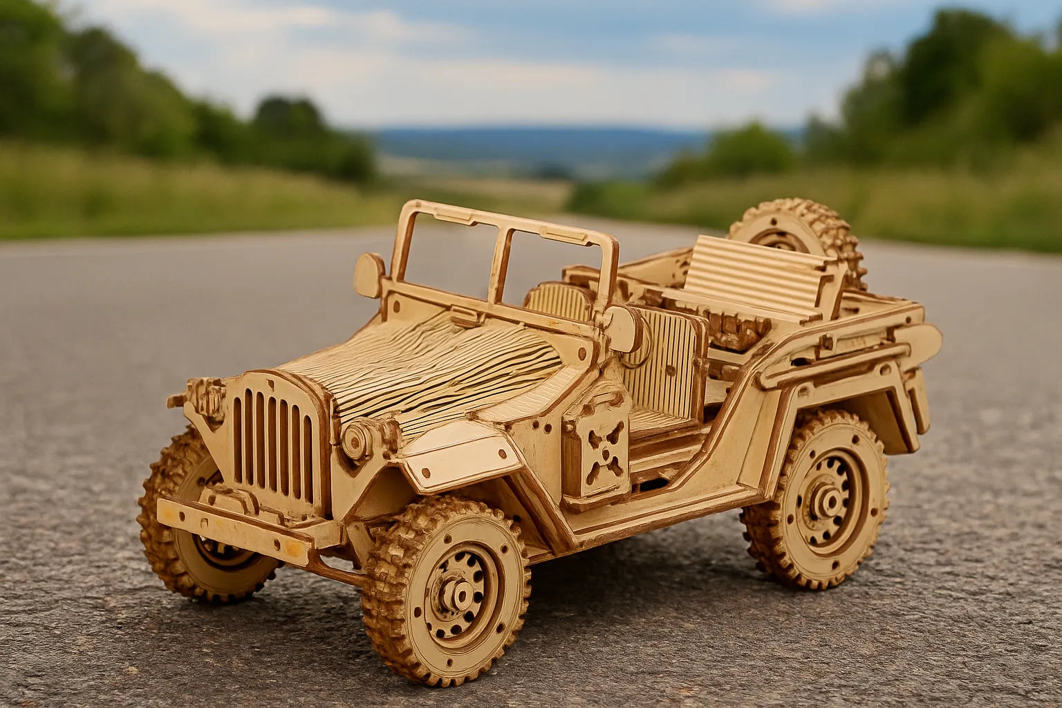 Maquette en bois d’une jeep militaire ouverte posée sur une route entourée de verdure.