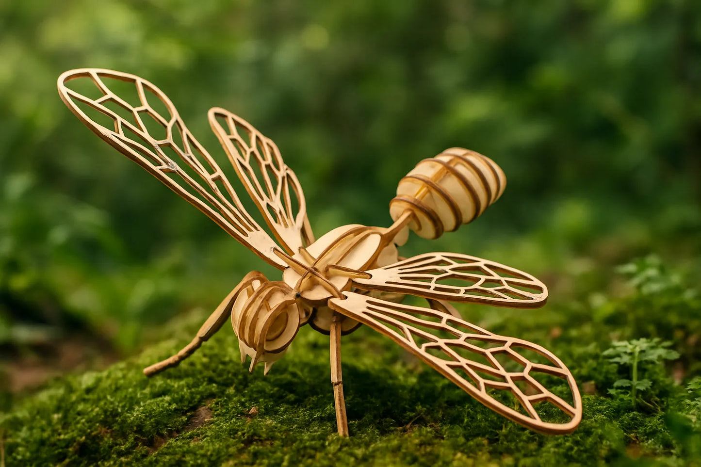 Maquette en bois représentant une abeille, posée sur de la mousse verte en pleine nature, ailes et corps finement découpés.