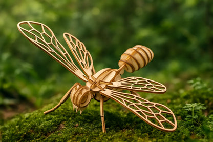 Maquette en bois représentant une abeille, posée sur de la mousse verte en pleine nature, ailes et corps finement découpés.