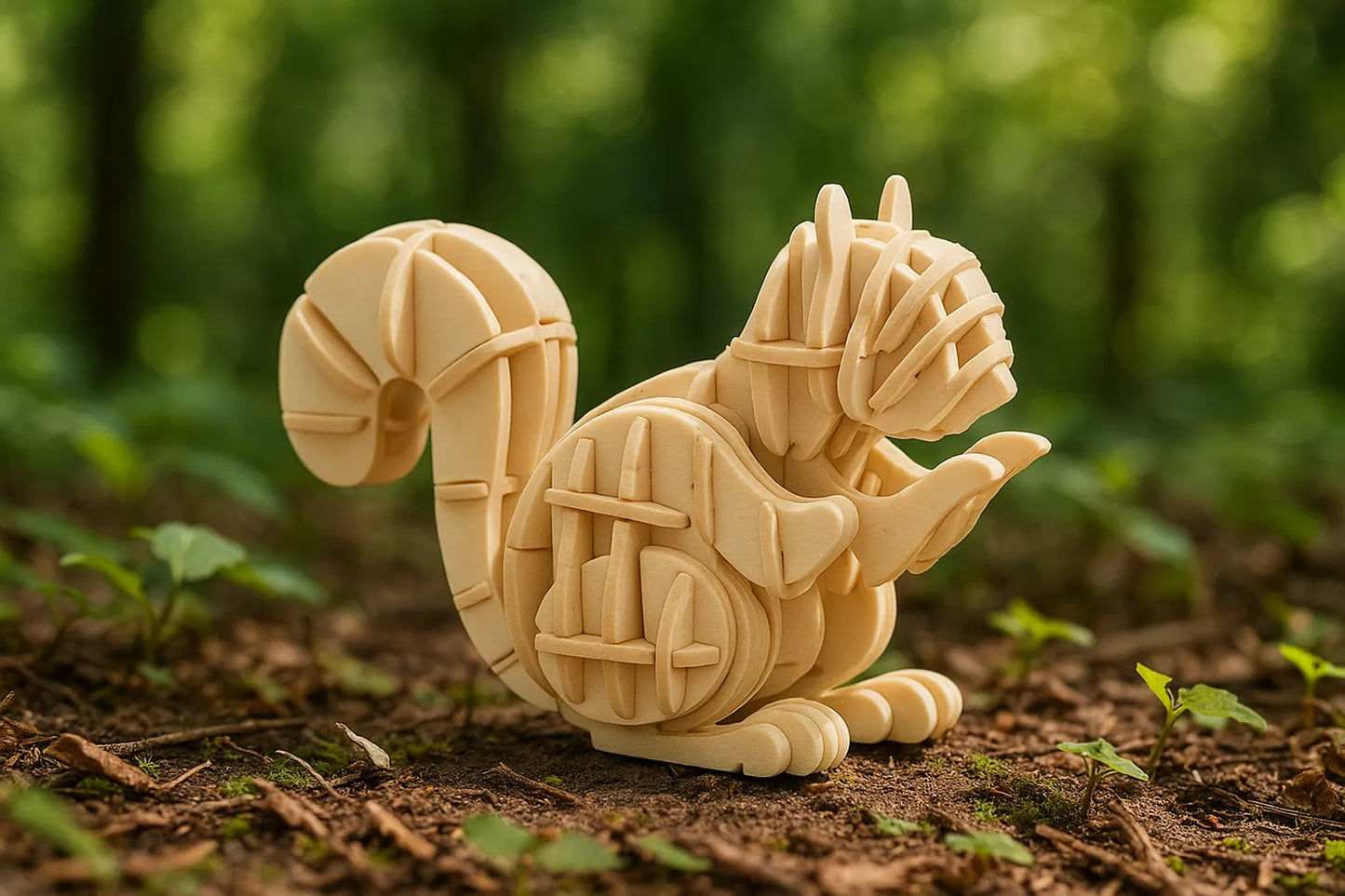 Maquette en bois d’un écureuil dans une forêt, posée sur la terre avec quelques plantes autour.