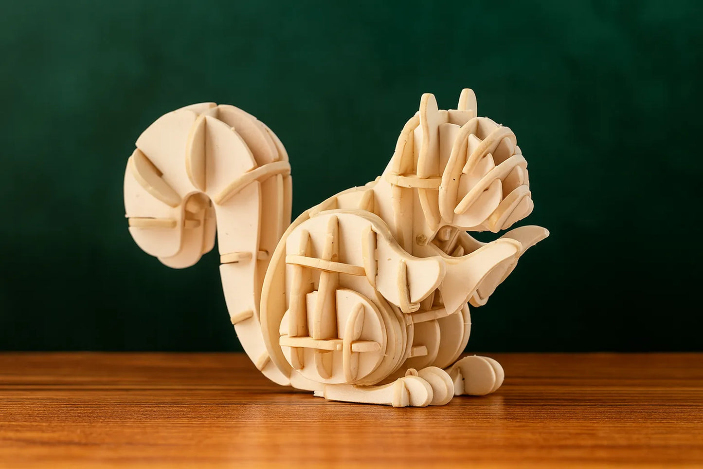 Maquette en bois d’un écureuil sur une table en bois, fond vert foncé.