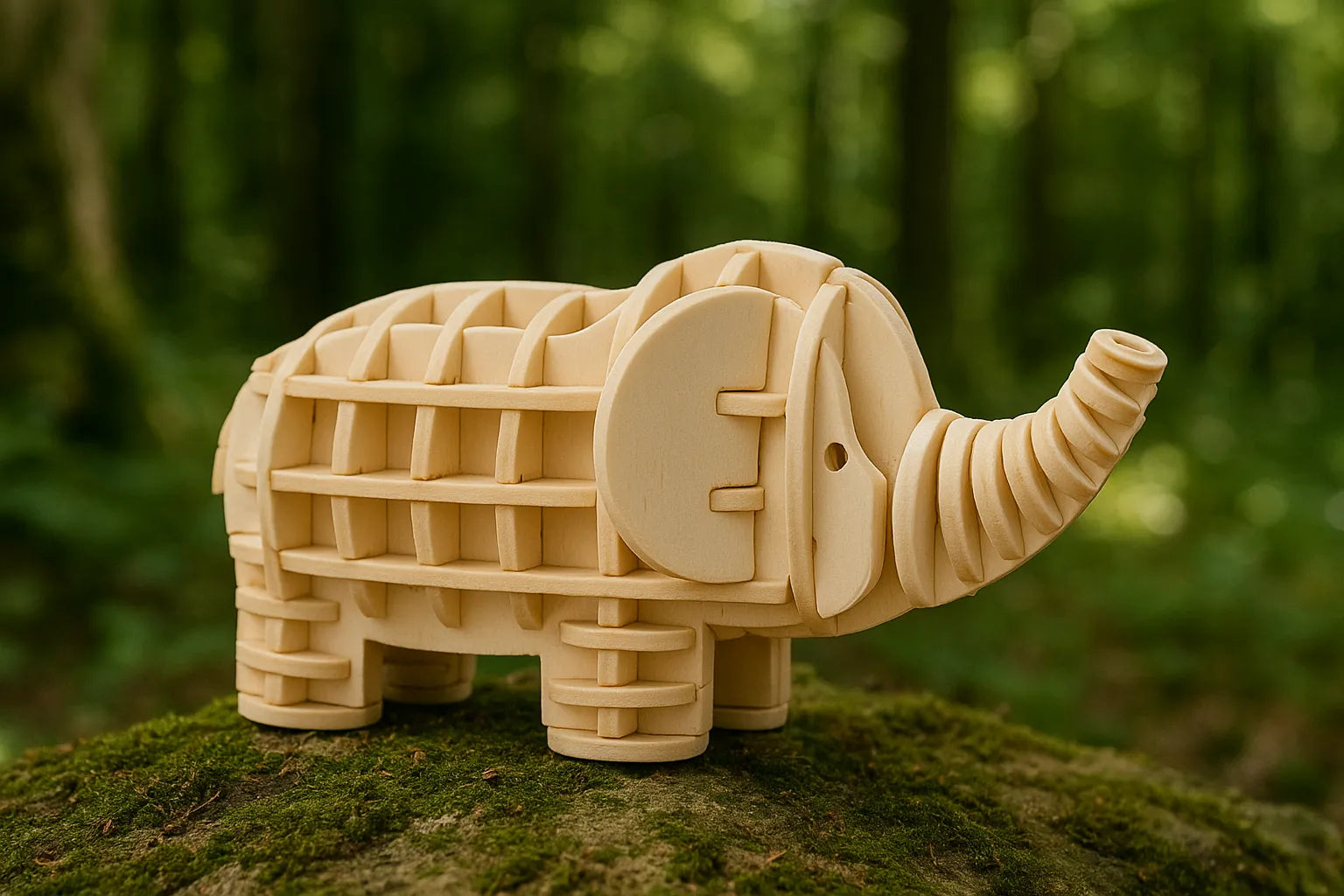 Maquette en bois d’un éléphant posée sur une pierre recouverte de mousse dans un décor de forêt.