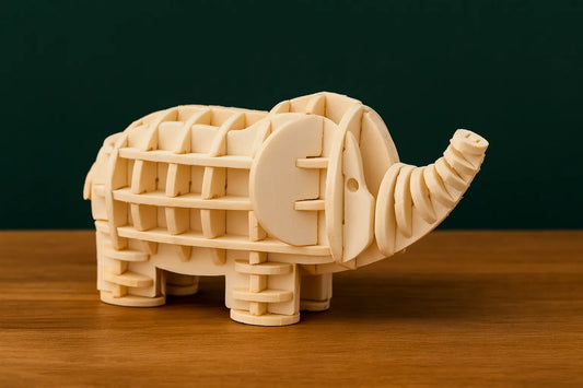 Maquette en bois représentant un éléphant, placée sur une table en bois devant un fond vert.