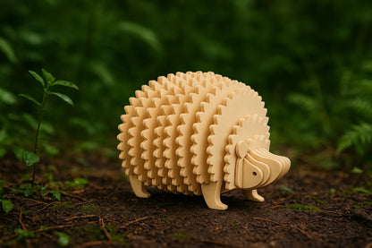 Maquette en bois représentant un hérisson, posée sur un sol forestier recouvert de mousse.