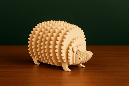 Maquette en bois d’un hérisson posée sur une table en bois, devant un fond vert uni.