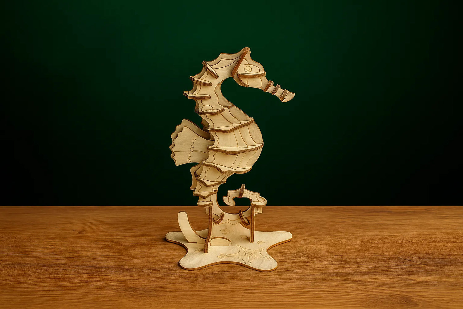 Maquette en bois d’hippocampe posée sur une table en bois, fond vert foncé.