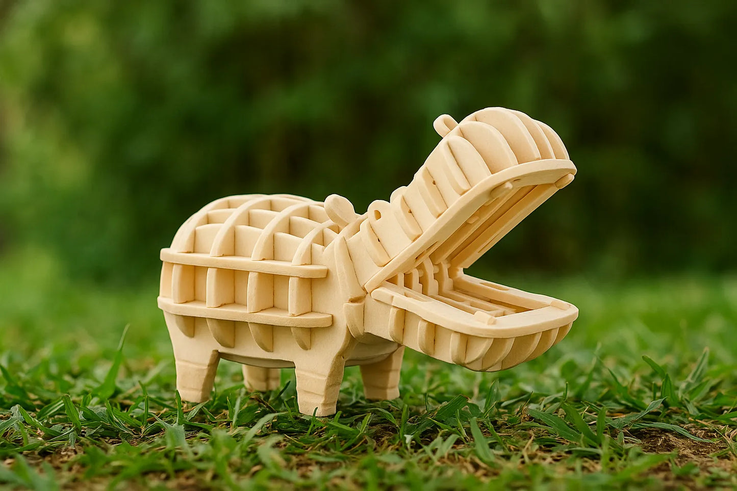 Maquette en bois d’un hippopotame la gueule ouverte, posée sur l’herbe en extérieur.