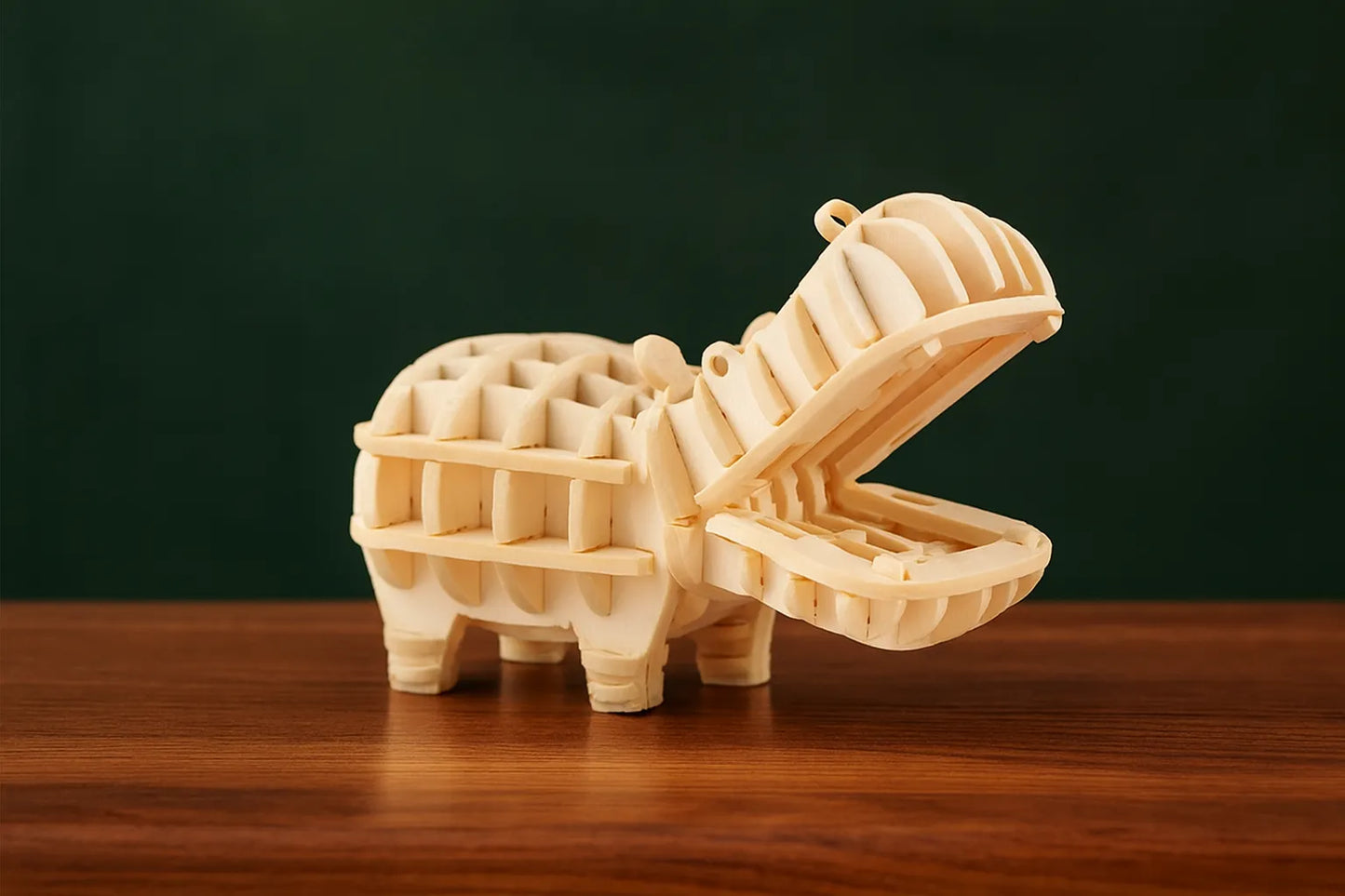 Maquette en bois d’un hippopotame, la bouche grande ouverte, posée sur une table en bois devant un fond vert foncé.