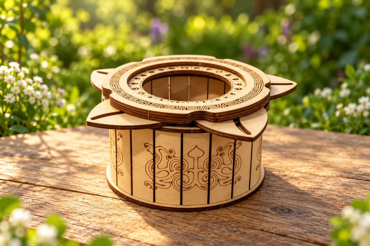 Maquette en bois - La boîte à ouverture en iris