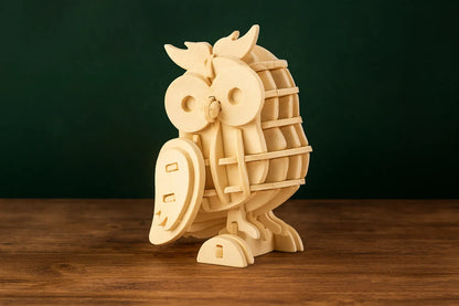 Maquette en bois d’une chouette sur une table en bois, présentée devant un fond vert sombre.
