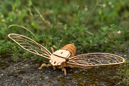 Maquette en bois de cigale posée sur le sol, entourée d’herbe verte dans la nature.