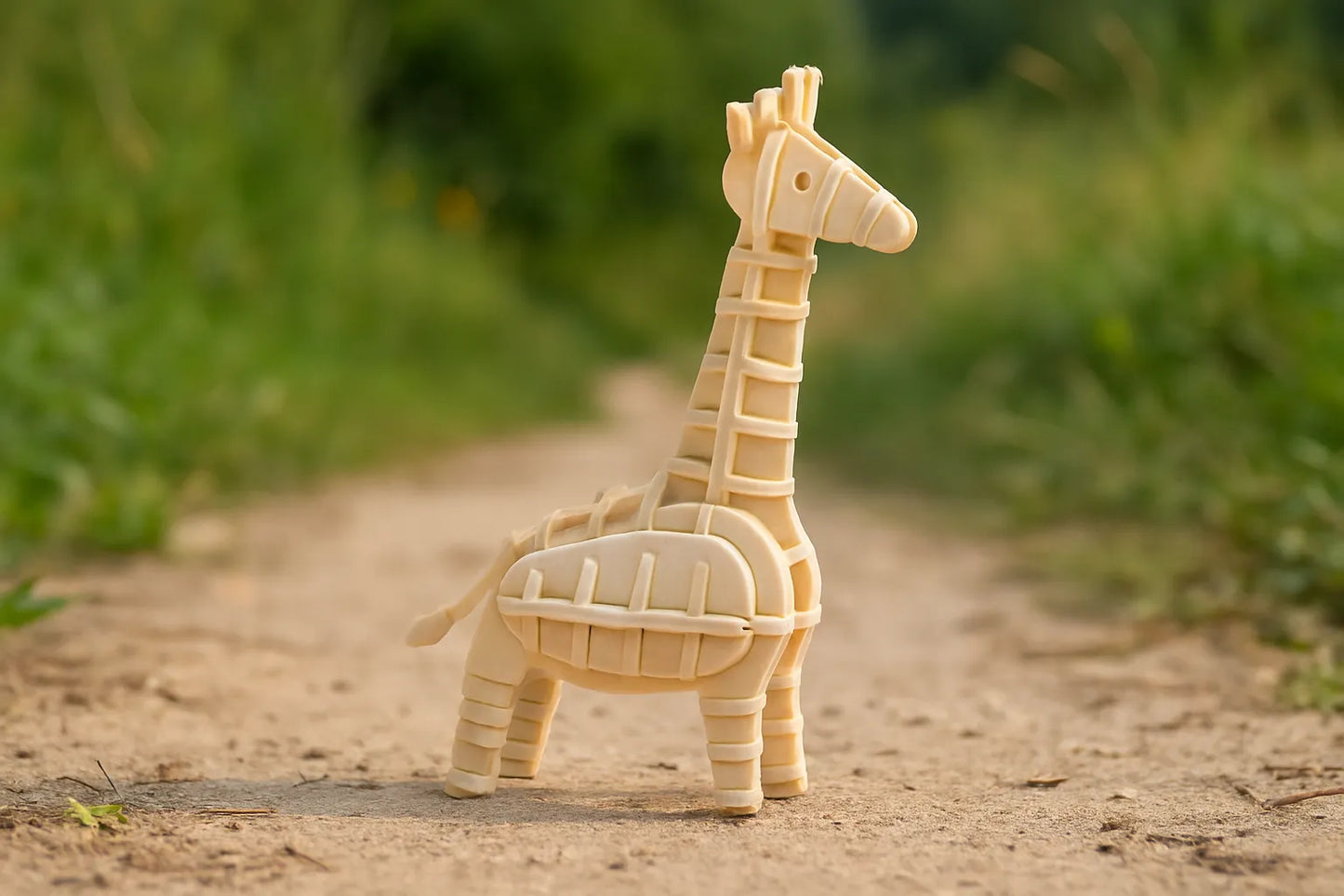 Maquette en bois d’une girafe sur un chemin de terre, entourée de verdure.