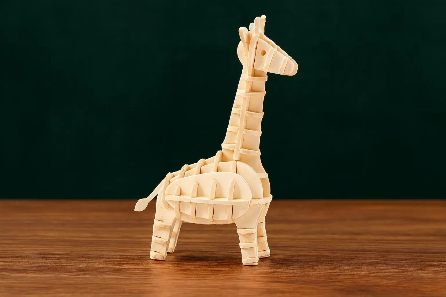 Maquette en bois d’une girafe posée sur une table en bois, fond vert foncé.