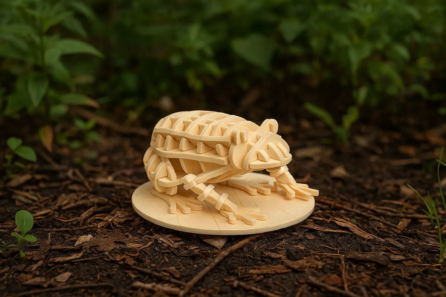 Maquette en bois d’une grenouille posée sur un socle rond, installée au sol dans un environnement naturel.