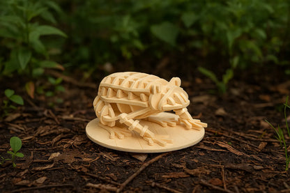 Maquette en bois d’une grenouille posée sur un socle rond, installée au sol dans un environnement naturel.