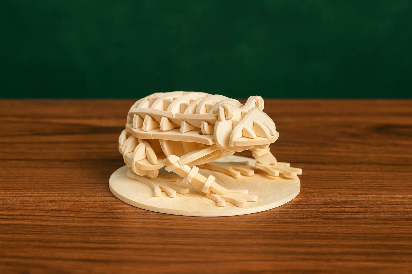Maquette en bois d’une grenouille, posée sur une table en bois devant un fond vert foncé.