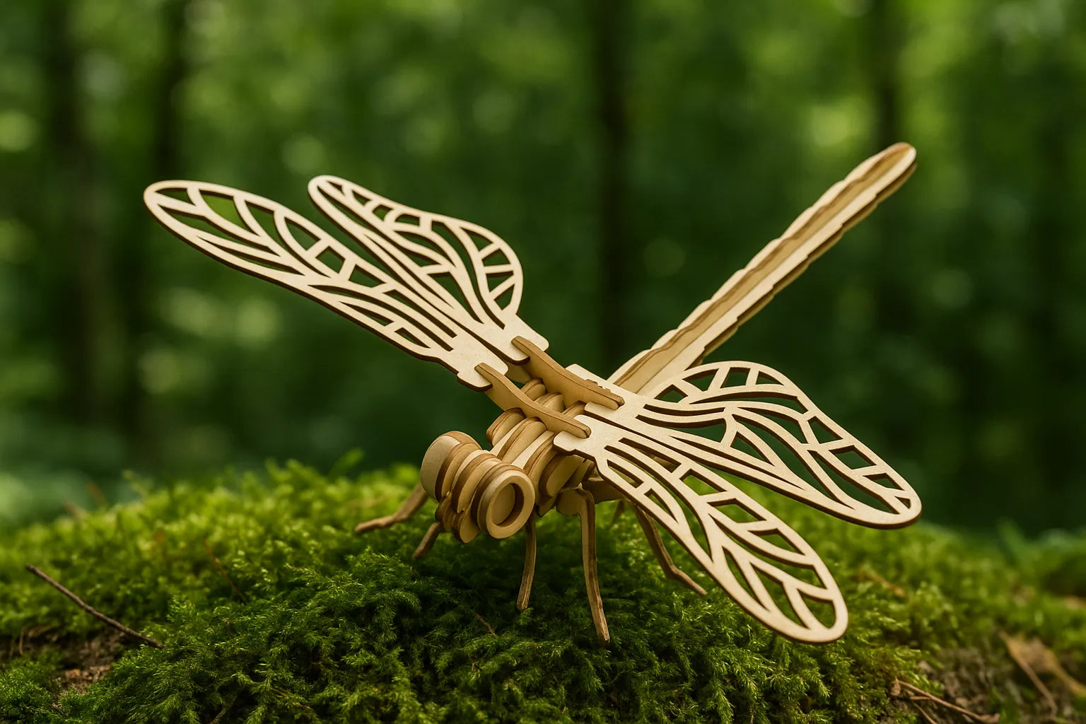 Maquette en bois d’une libellule posée sur de la mousse, mise en valeur par un fond de forêt flou.