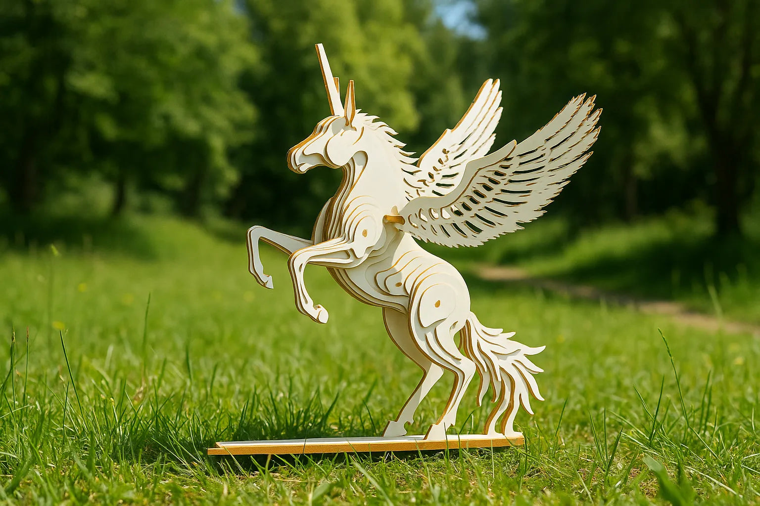 Maquette en bois d’une licorne ailée installée sur l’herbe, dans un décor de nature ensoleillé.