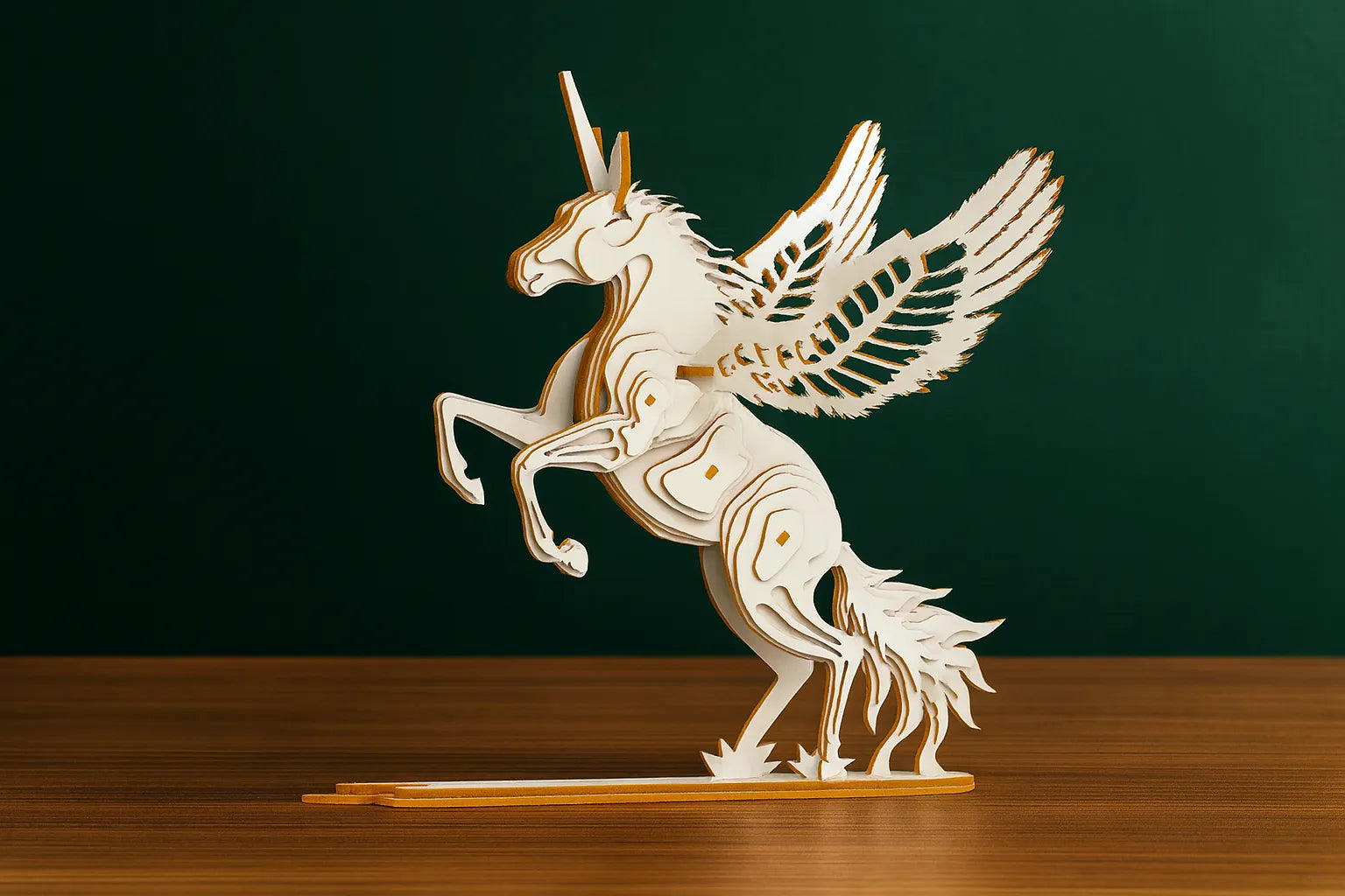 Maquette en bois représentant une licorne ailée, posée sur une table en bois avec un fond vert.