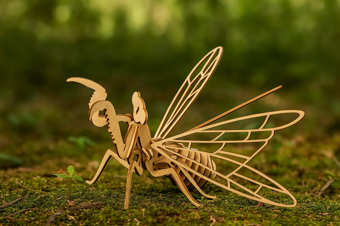 Maquette en bois d’une mante religieuse posée sur de la mousse en forêt, avec ses ailes déployées.