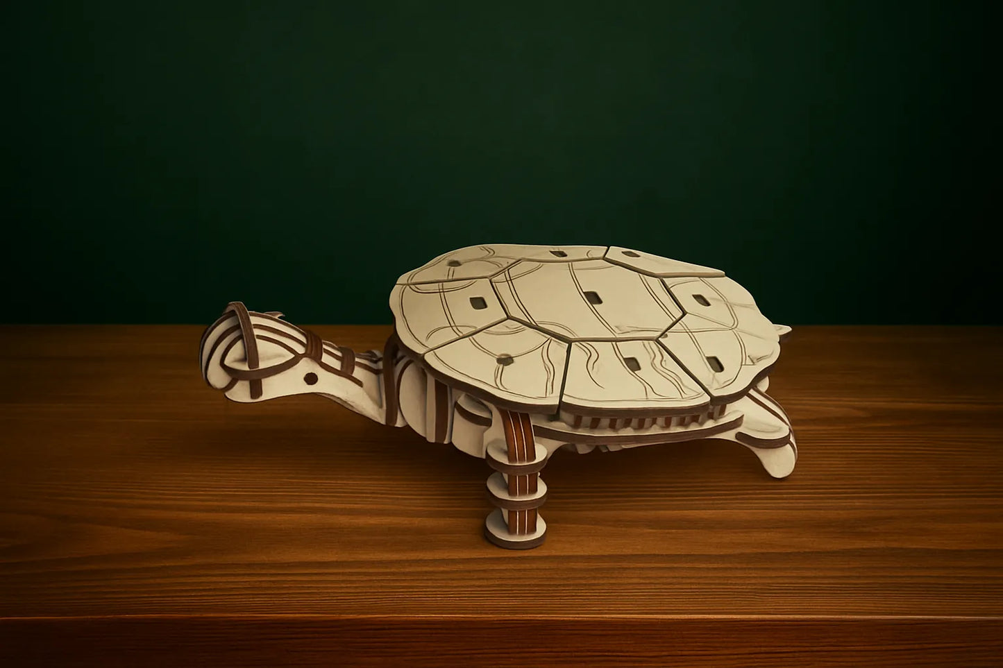 Maquette en bois de tortue posée sur une table en bois, fond vert foncé.