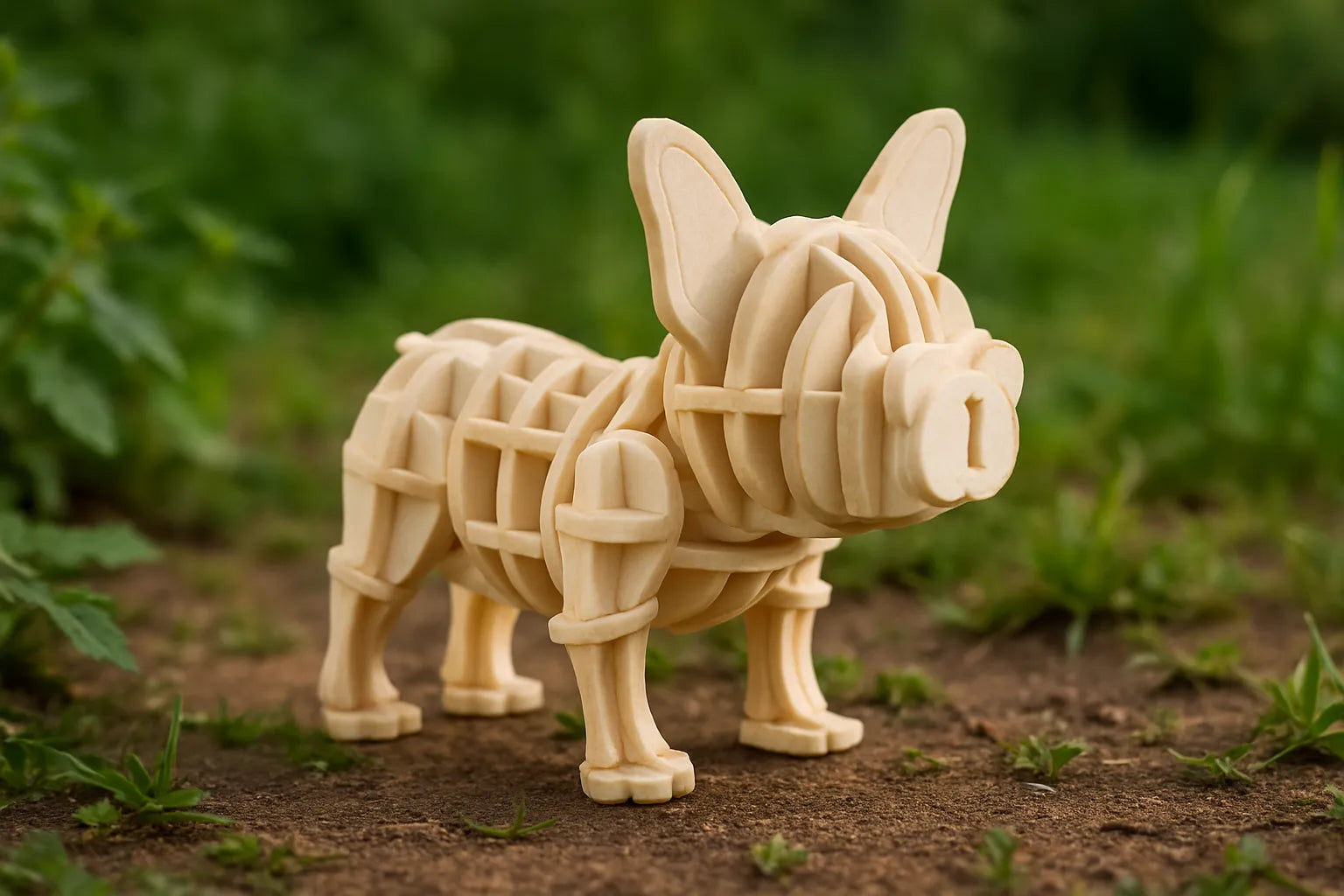 Maquette en bois d’un bouledogue posée sur la terre, avec un fond naturel verdoyant.