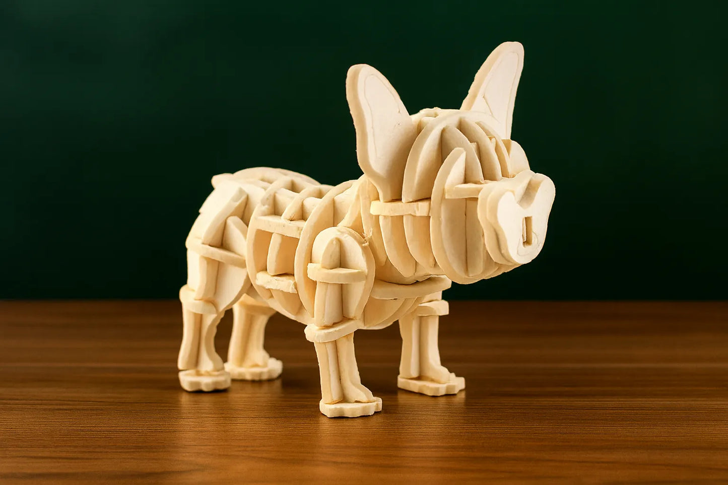 Maquette en bois d’un bouledogue exposée sur une table en bois avec un fond vert foncé.