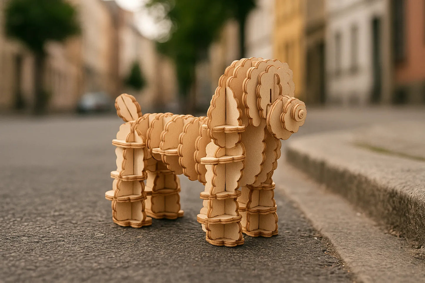 Maquette en bois représentant un caniche, posée sur une rue pavée bordée de bâtiments aux tons chauds.