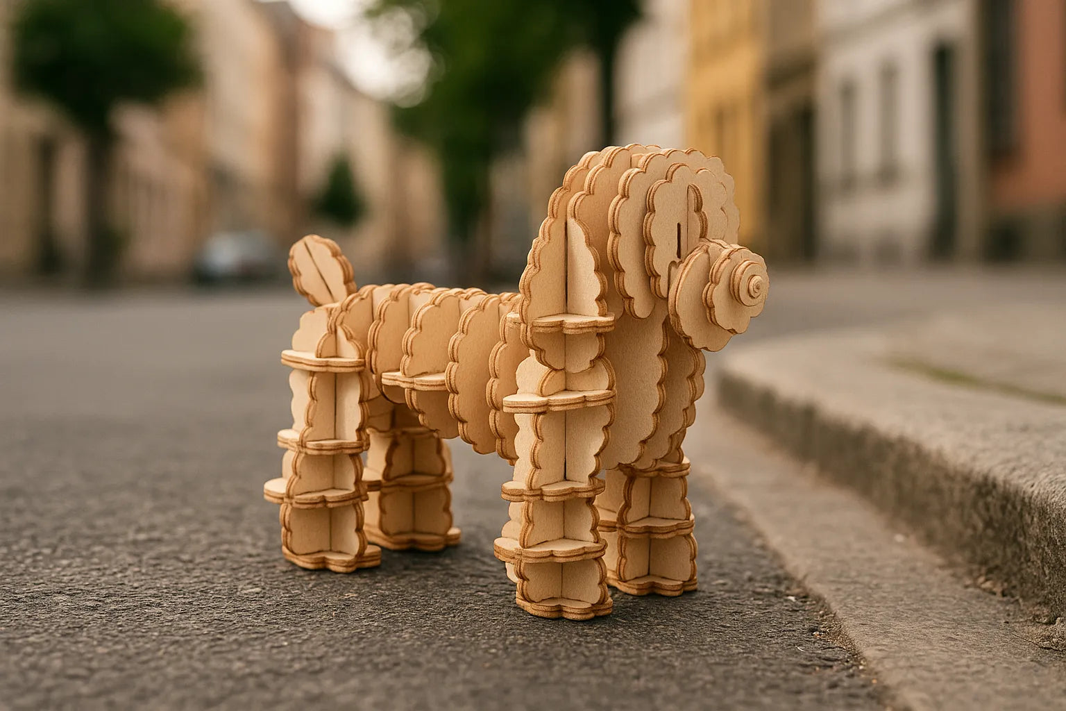 Maquette en bois représentant un caniche, posée sur une rue pavée bordée de bâtiments aux tons chauds.