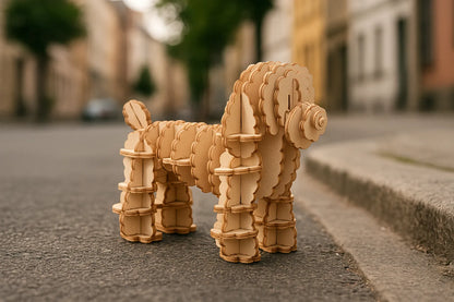 Maquette en bois représentant un caniche, posée sur une rue pavée bordée de bâtiments aux tons chauds.