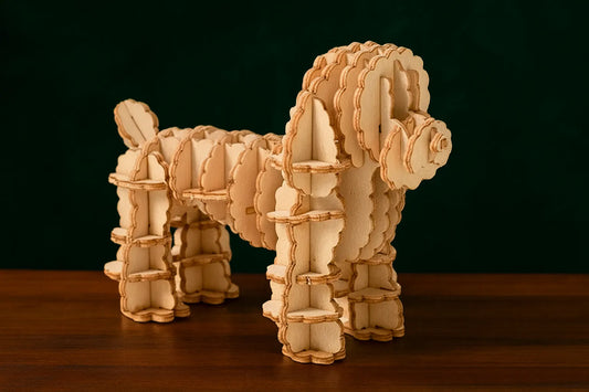 Maquette en bois représentant un caniche, posée sur une table en bois avec un fond vert.