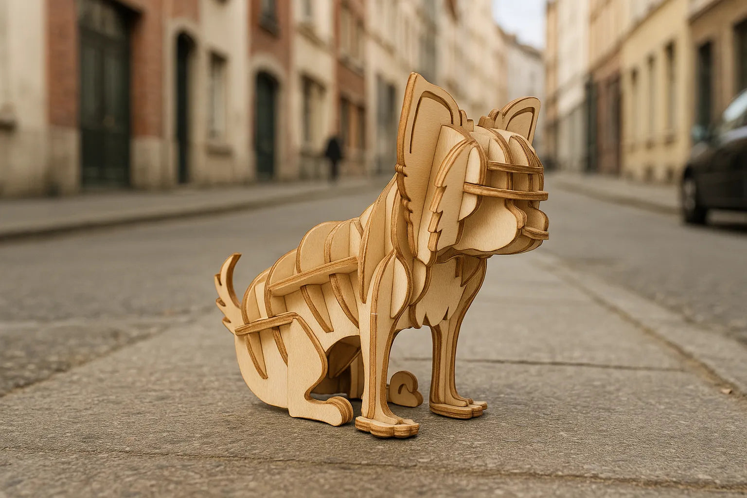 Maquette en bois d’un chihuahua installée sur un trottoir, dans une rue bordée d’immeubles.