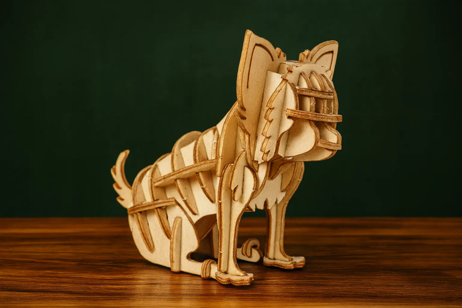 Maquette en bois représentant un chihuahua, posée sur une table en bois devant un fond vert.