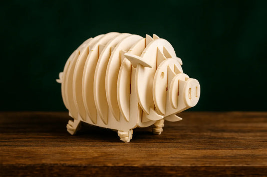 Maquette en bois d’un cochon stylisé, posée sur une table en bois, fond vert foncé.