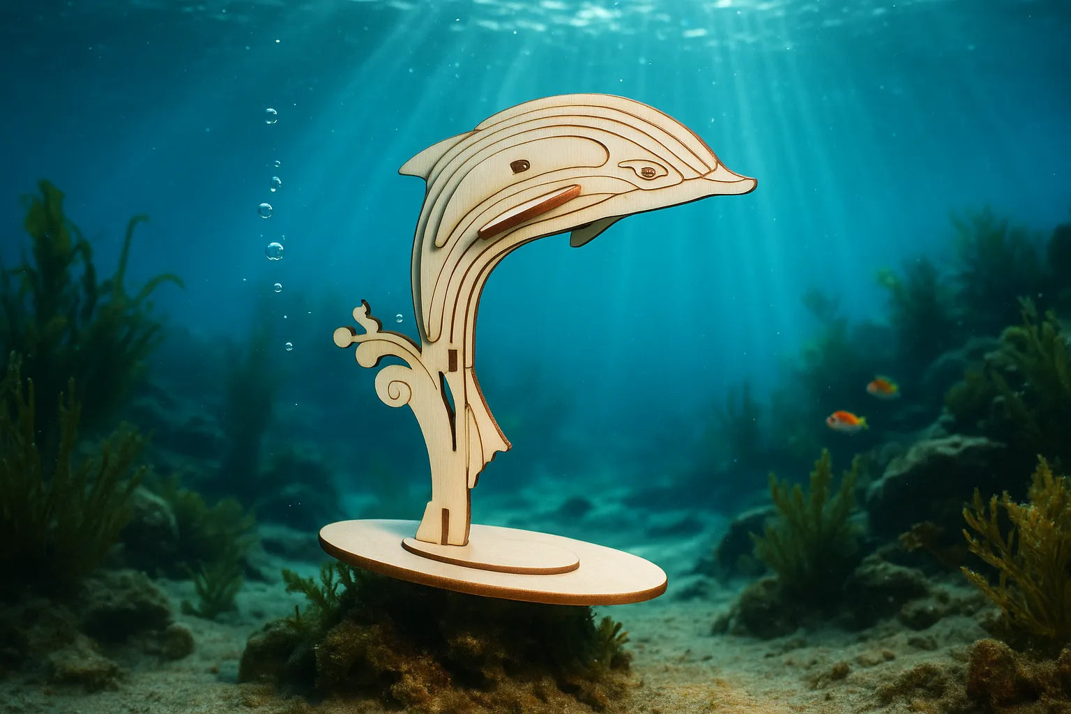 Maquette en bois d’un dauphin posée sous l’eau, entourée de plantes aquatiques et de rayons de lumière.
