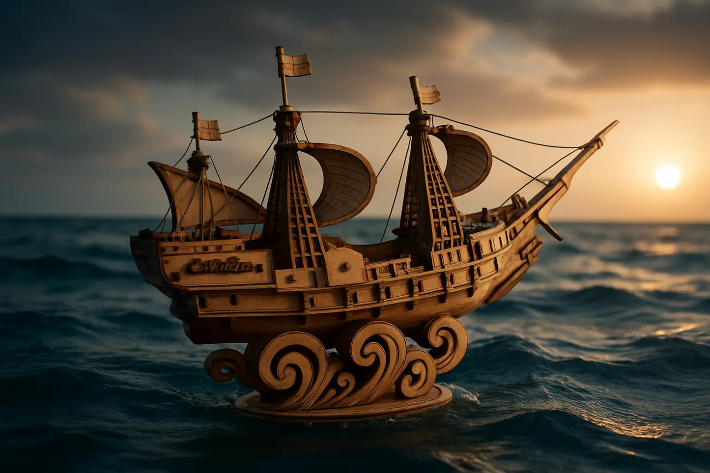 Maquette en bois d’un galion détaillé aux voiles courbées, flottant sur la mer au coucher du soleil.