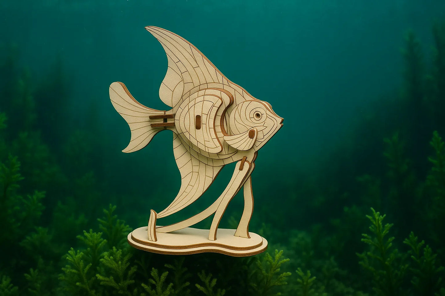 Maquette en bois d’un grand poisson posée dans un décor marin avec des plantes aquatiques vertes.