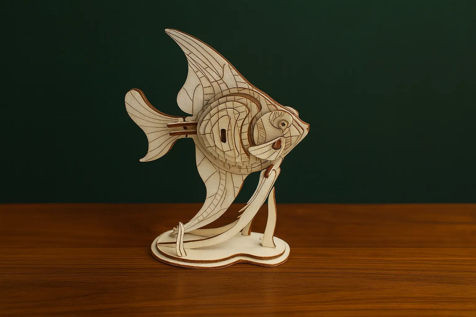 Maquette en bois d’un grand poisson sur une table en bois, fond vert foncé.
