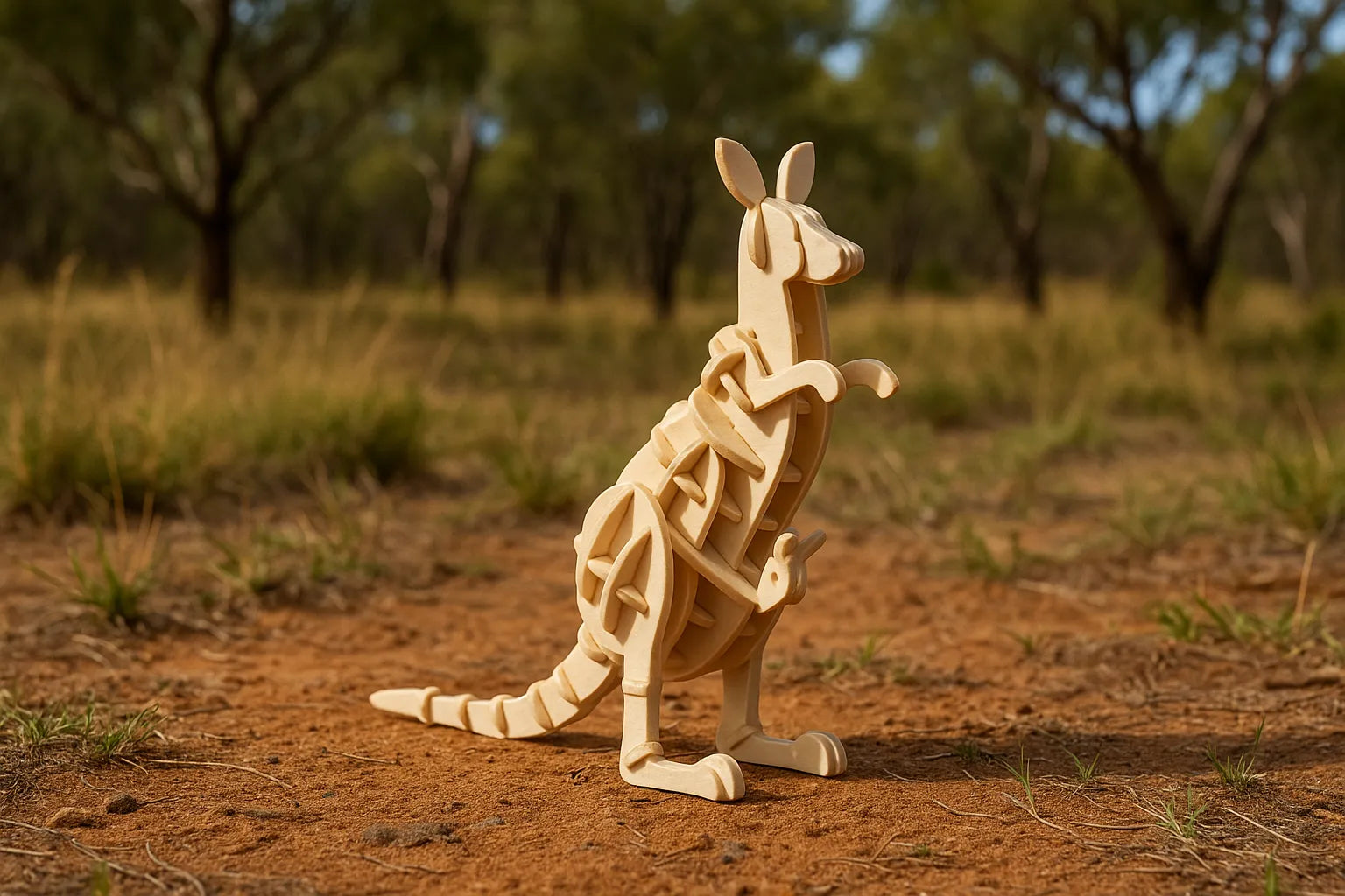Maquette en bois représentant un kangourou avec son petit dans la poche, posée sur une terre rouge dans un paysage naturel australien.
