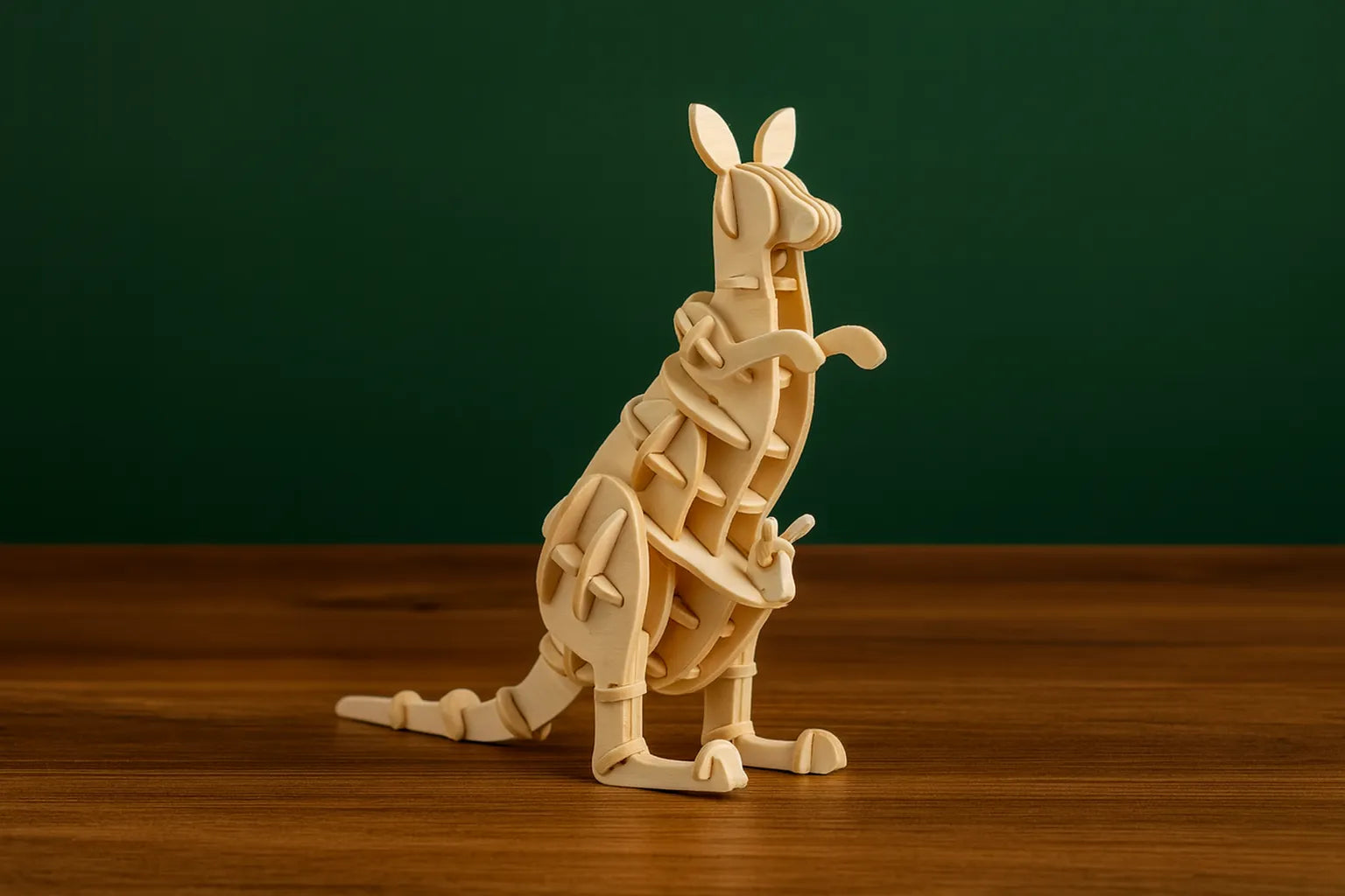 Maquette en bois du kangourou et de son petit, placée sur une table en bois devant un fond vert uni.
