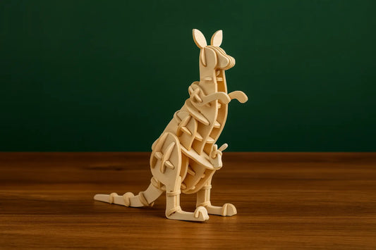Maquette en bois du kangourou et de son petit, placée sur une table en bois devant un fond vert uni.