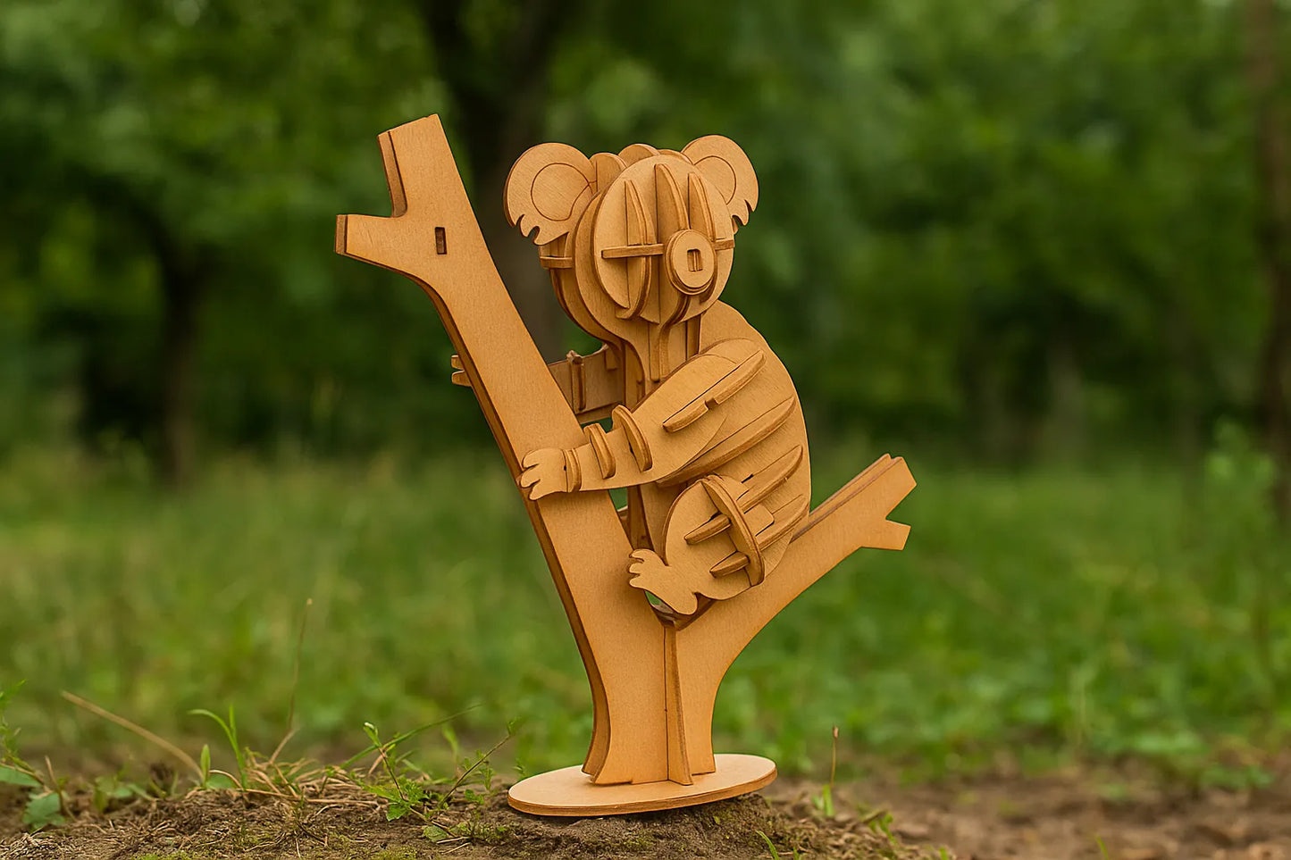 Maquette en bois d’un koala accroché à une branche, photographiée en extérieur dans un cadre verdoyant.