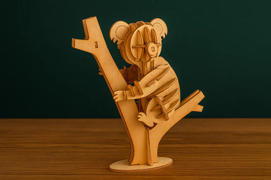 Maquette en bois d’un koala grimpant sur une branche, posée sur une table en bois avec un fond vert foncé.
