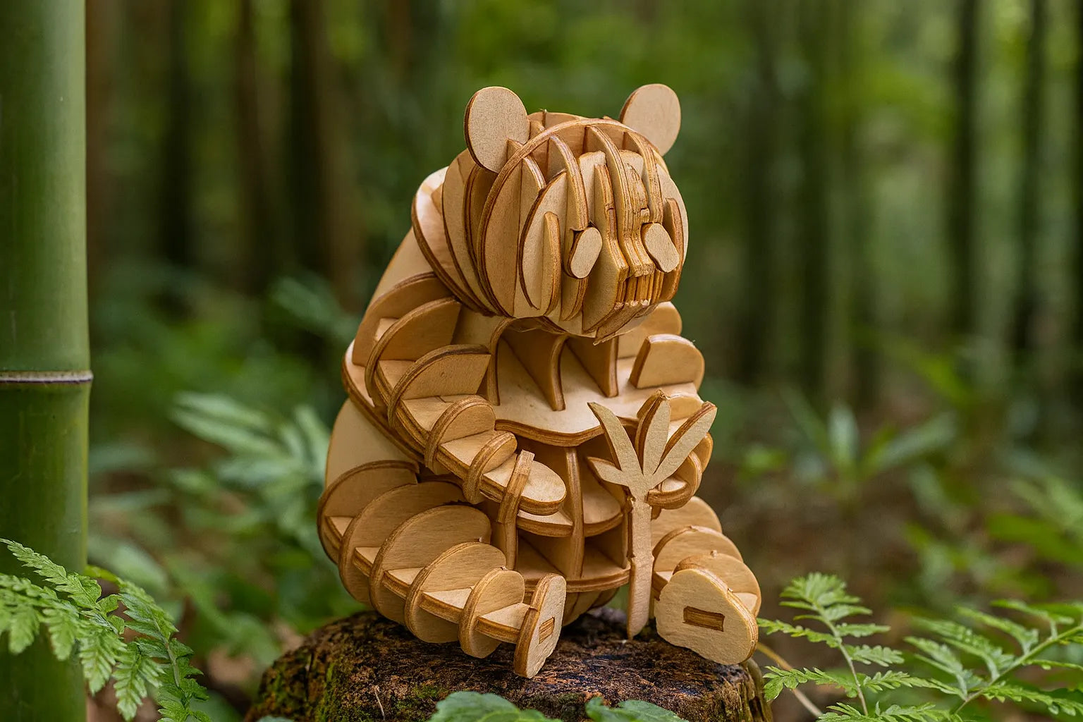 Maquette en bois d’un panda assis tenant une tige de bambou, placée dans un décor naturel de bambouseraie.