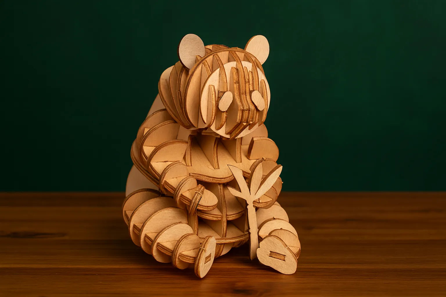 Maquette en bois d’un panda tenant du bambou, présentée sur une table en bois avec un fond vert.