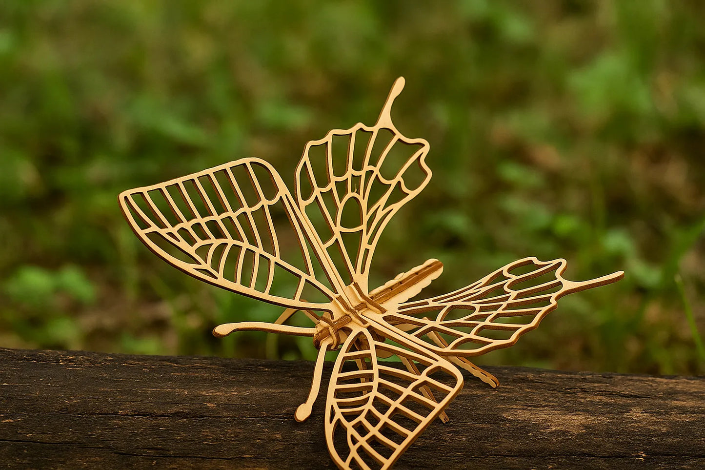 Maquette en bois d’un papillon aux ailes délicatement sculptées, posée sur une branche dans un décor naturel.