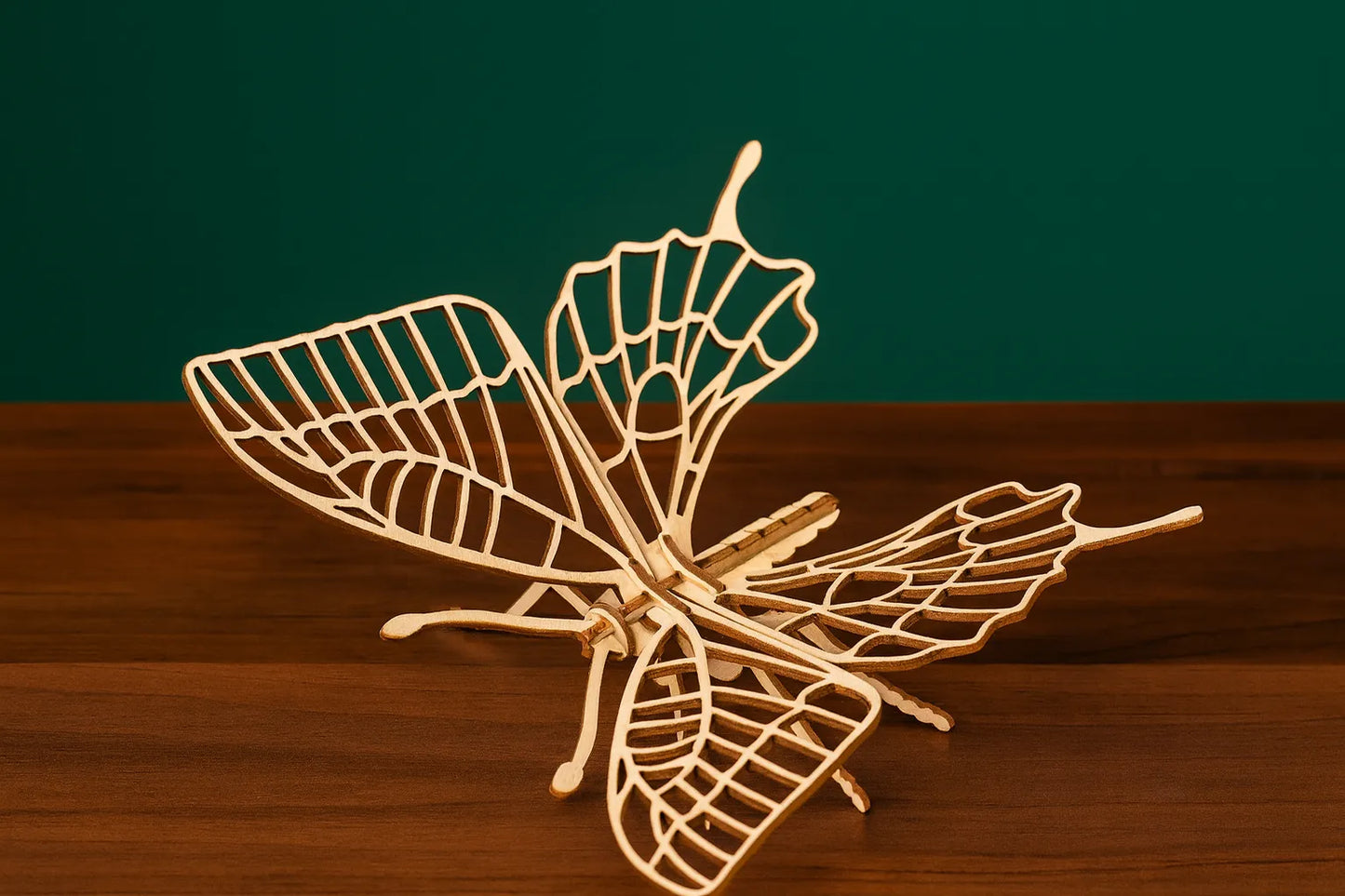 Maquette en bois d’un scarabée posée sur une table en bois, fond vert foncé.