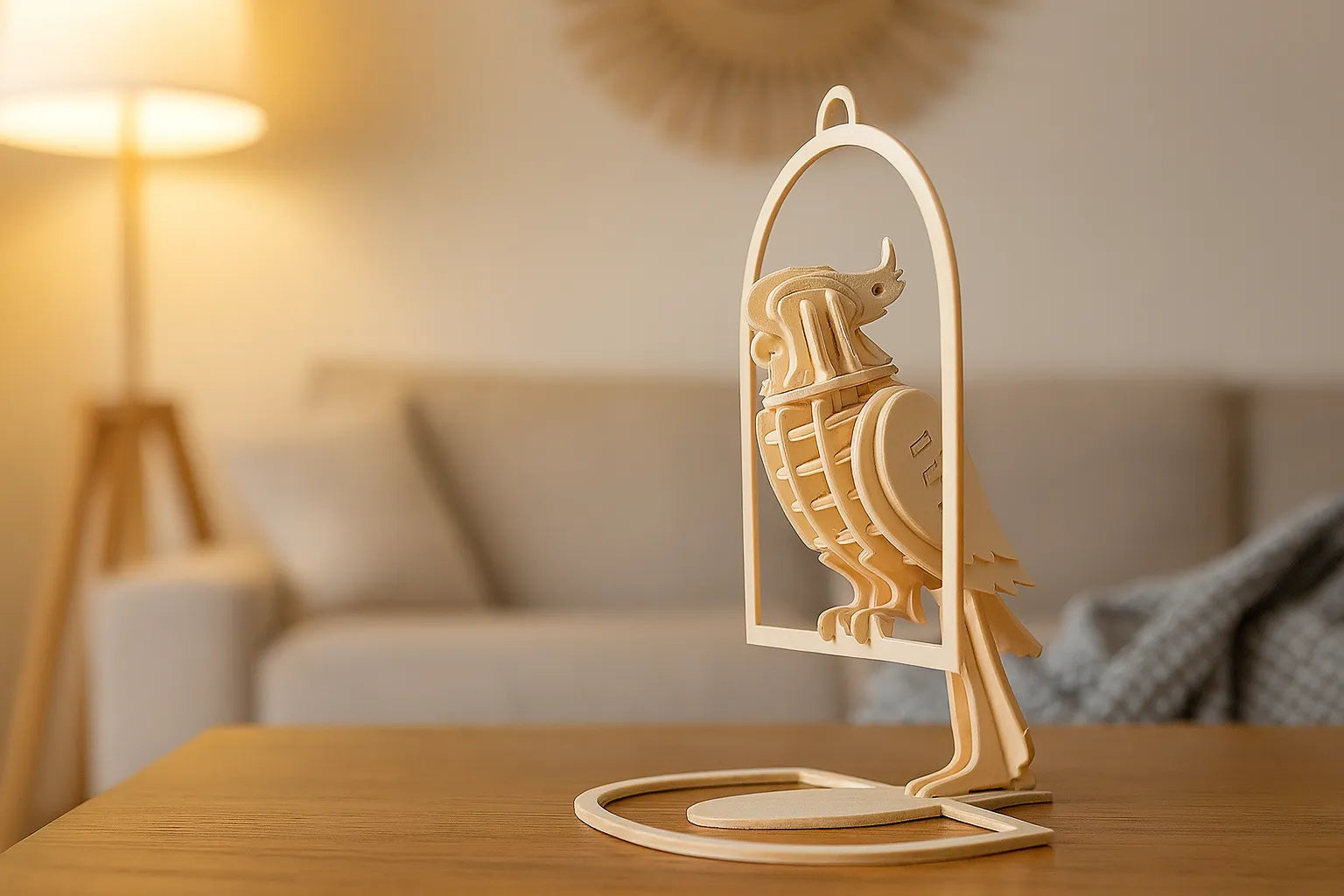 Maquette en bois d’un perroquet suspendu dans un anneau, posée sur une table dans un salon lumineux.